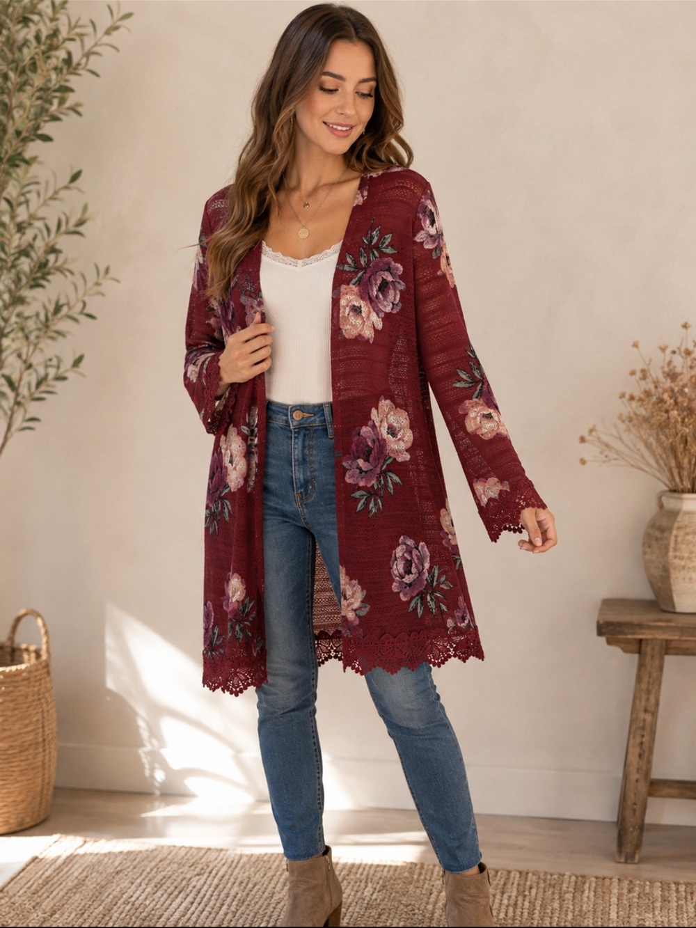 Charlotte Russe Y2K Burgundy Floral 
Open Front Cardigan S Lace Trim Fairycore